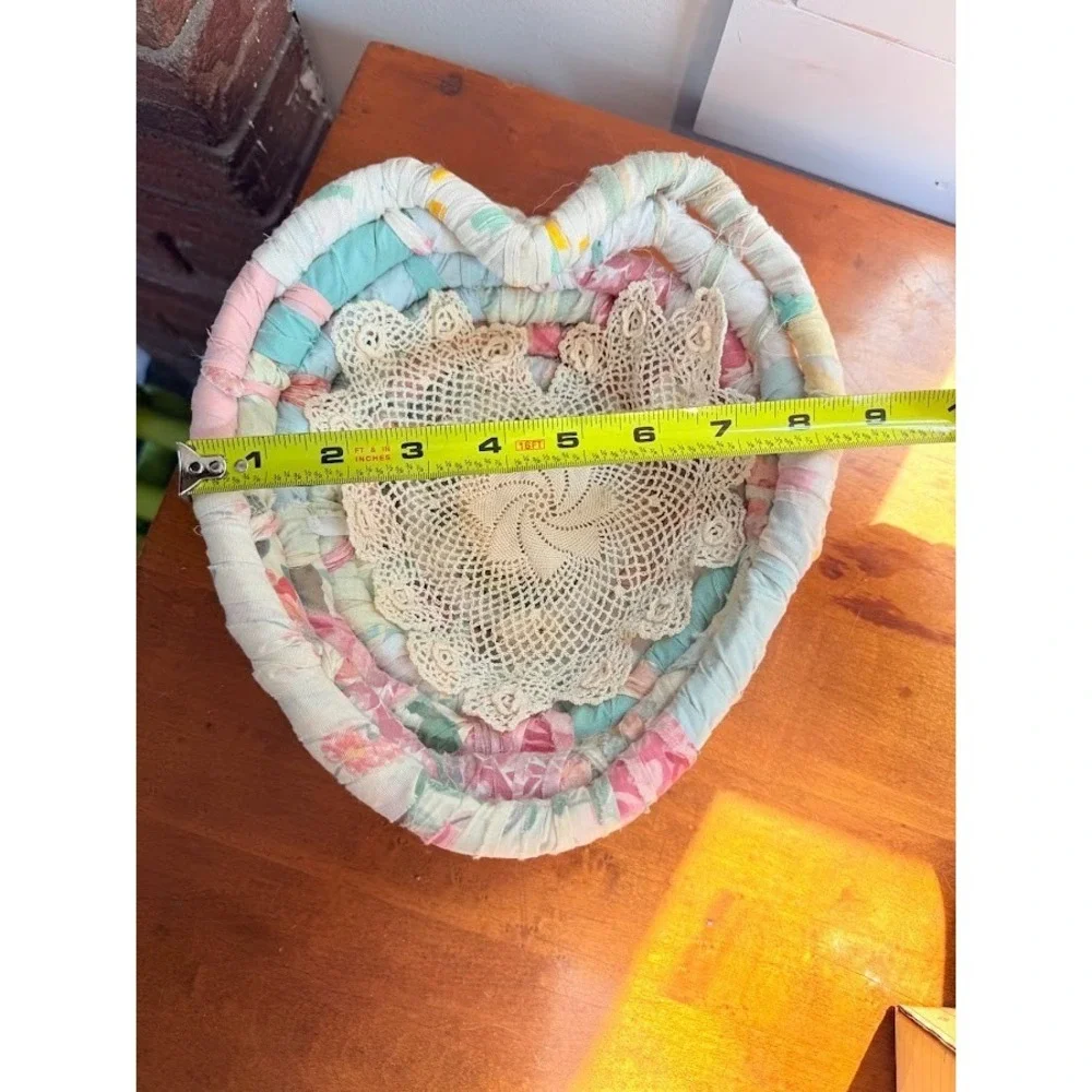 VTG 1980s pastel heart shaped Rag Coiled Basket Peking Handicrafts Whimsy Decor